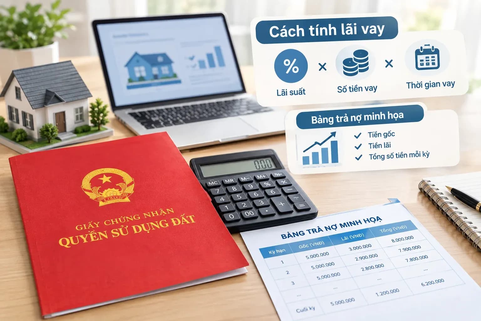 Cách tính lãi vay thế chấp sổ đỏ và bảng trả nợ minh họa